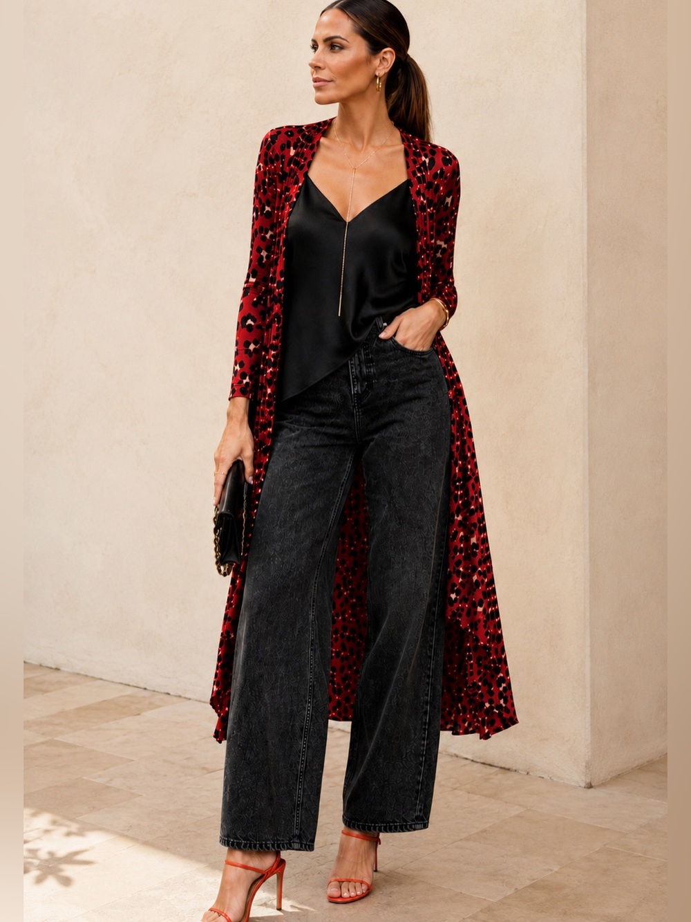 SZM CAbi Siren Red Leopard Wrap Dress/Duster/Tunic/Kimono Dual layer Mesh Flowy